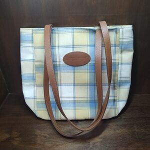 SOLD!Longaberger Blue & Yellow Plaid Tote Bag  11"T magnetic closure (S)